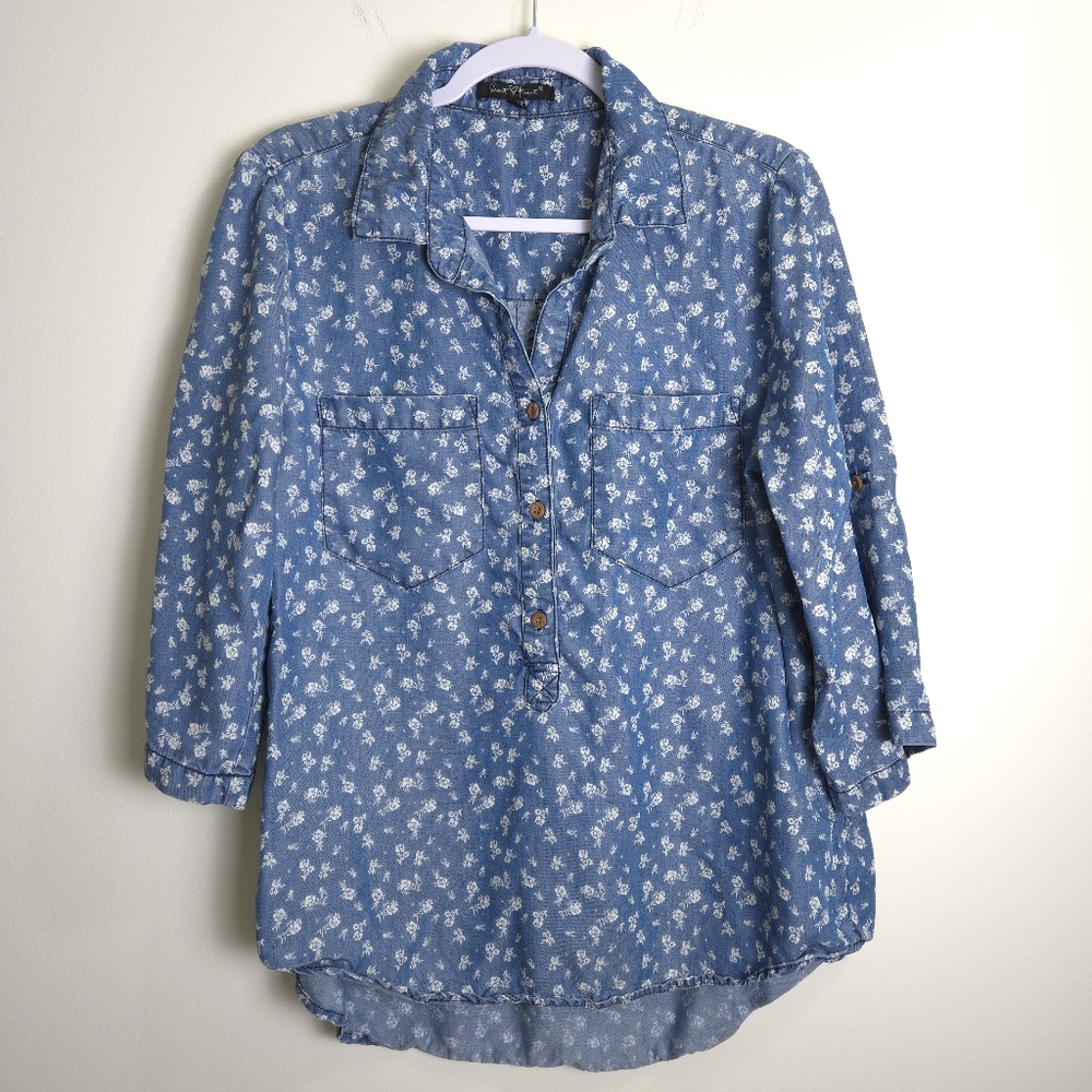 Velvet ♡ Heart Floral Print Boho V neck 3/4 Sleeve Blouse Top L